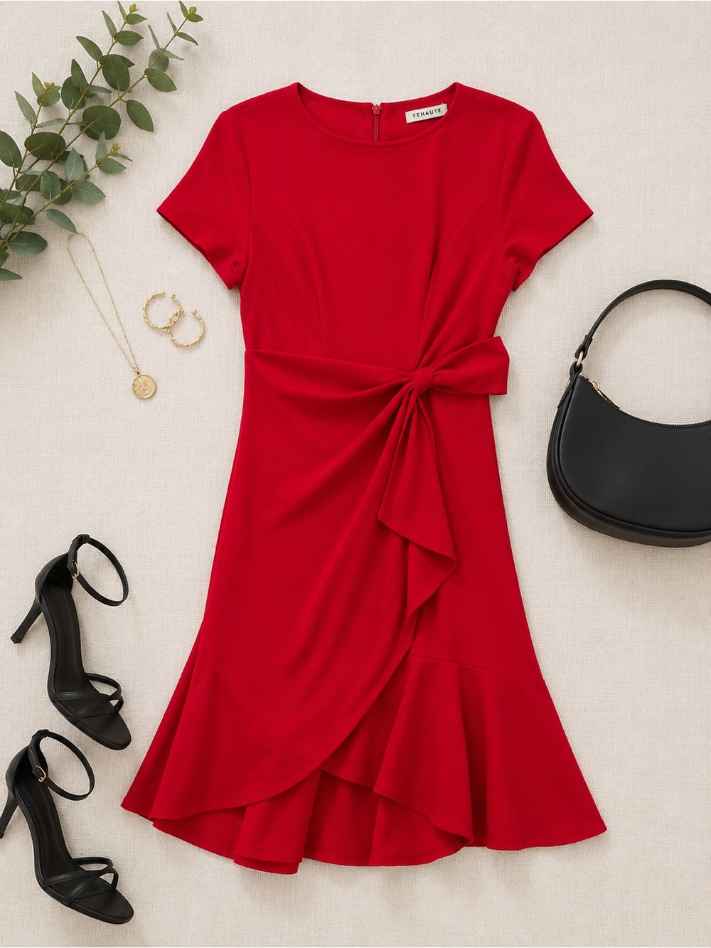 FEHAUTE Dress Womens XS Red Tie-Front Midi Fit & Flare Short Sleeve Back Zip